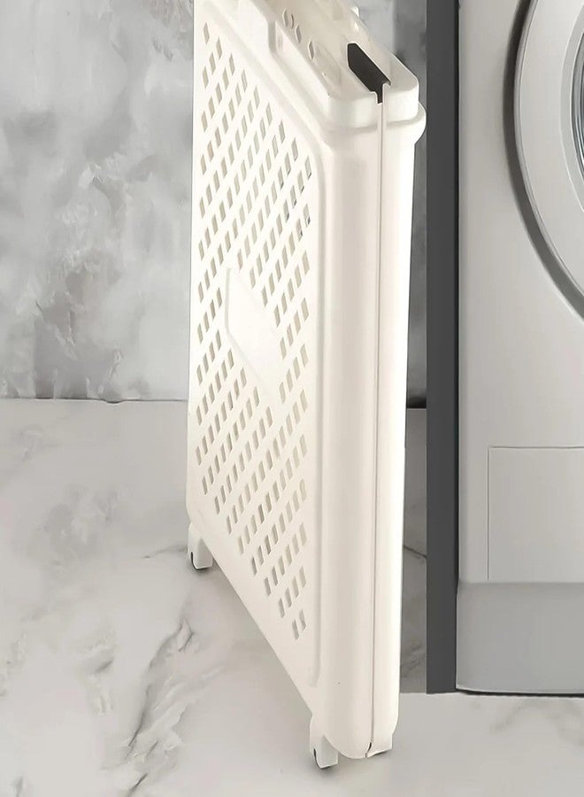 Hidak Large Foldable Laundry Basket with Wheels, White Plastic Rolling Laundry Hamper, Ventilated Airflow Design, Space-Saving Collapsible Storage Basket with Handles - Image 3